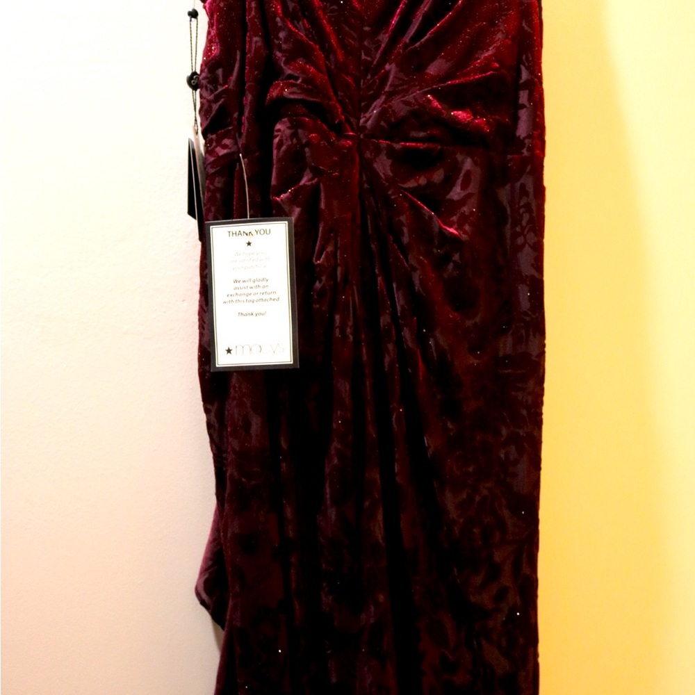 Adrianna Papell  One shoulder velvet burgundy gown size 10.